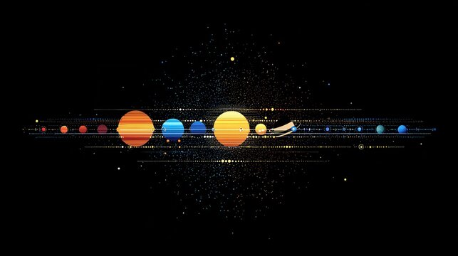 Solar system with planets aligned and cosmic, A cosmic view of the solar system with planets aligned in a row against