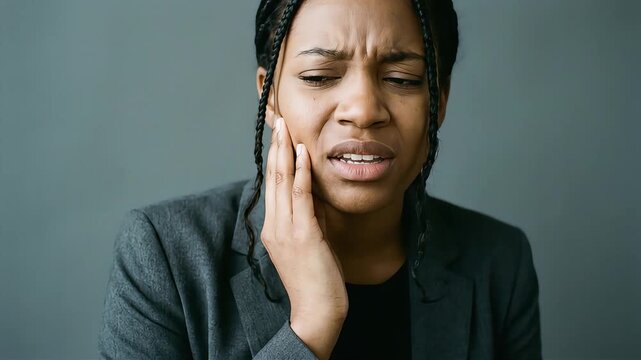 A businesswoman with braided hair clutches her cheek, unable to bear the intense toothache.