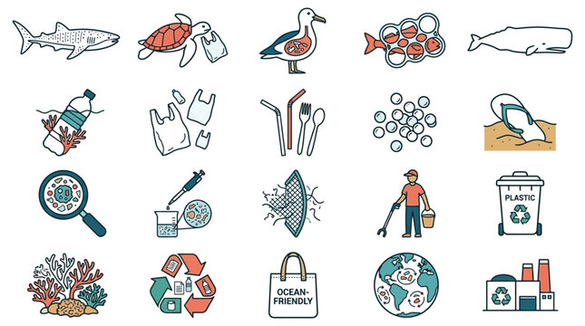 Collection of marine pollution icons depicting plastic waste and ocean life