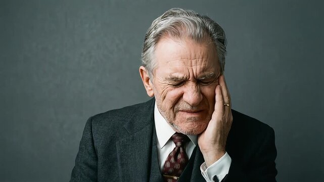 A senior man clenches his teeth and clutches his cheek in agony from severe tooth pain.