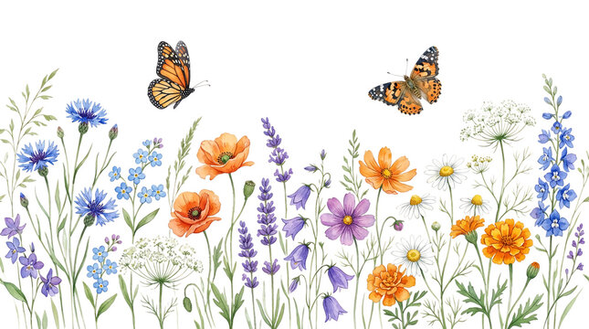 Watercolor field of wildflowers with flying butterflies