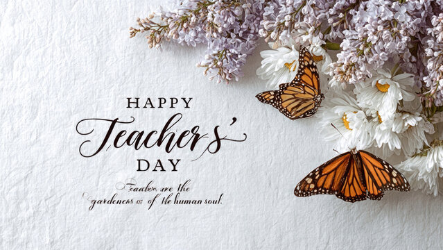 Lilac and chamomile flower arrangement with monarch butterflies and a teachers day greeting card