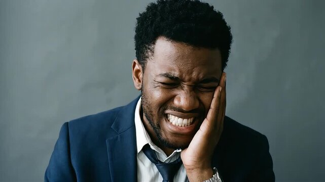 A man in a suit winces in agony from a severe toothache, clutching his aching cheek.