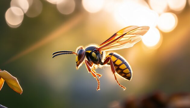 a wasp hovering in mid air captured from a side angle the sunlight shines through its wings creating a subtle glow the soft background highlights the insect in motion