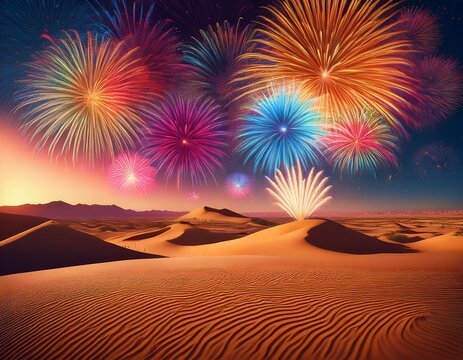 a quiet desert with colorful fireworks exploding over the sand dunes