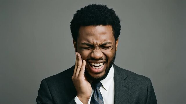 A man in a suit grimaces in agony from a severe toothache.