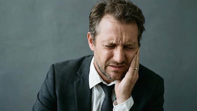 A middle-aged man clutches his cheek, his face contorted in pain from a severe toothache.