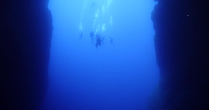 scuba divers are starting a cave dive underwater