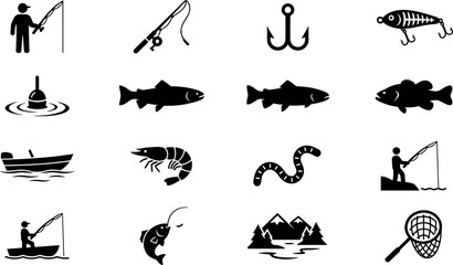 Fishing icons set, vector illustration of angling equipment, fish, boat, and nature elements