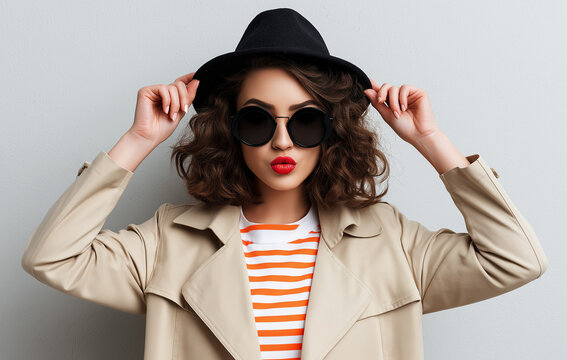 Young woman adjusting black fedora hat and red sunglasses with confident attitude