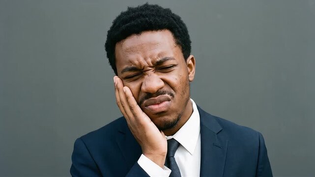 A man in a suit winces in agony from a severe toothache, clutching the area below his ear.
