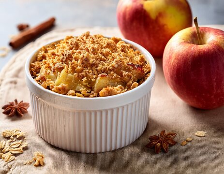 apple crisp dessert with oat topping in white ceramic ramekin golden and freshly baked