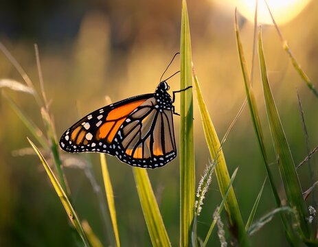 a monarch butterfly perched on a single blade of grass with sunlight casting soft shadows its wings gently flutter in the breeze highlighting its delicate structure