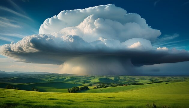 a large cumulonimbus cloud with a distinct anvil shape towering over the green rolling hills a massive cumulonimbus incus cloud commonly known as an anvil cloud or thunderhead