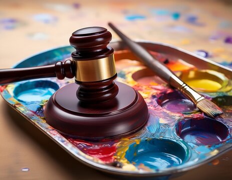 auction gavel on a paint tray conceptualize an auction gavel resting in a paint tray symbolizing the intersection of art creation and art auctioneering
