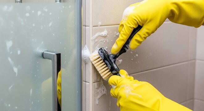 Person in yellow gloves scrubbing white tiled bathroom wall with a stiff brush and foam.