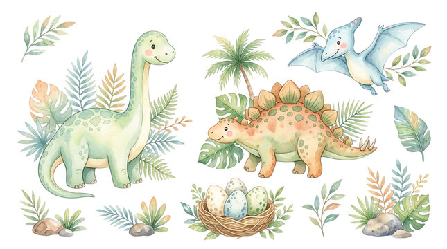 Cute watercolor dinosaur set with plants and eggs