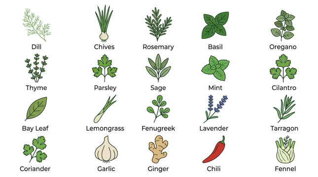 Variety of herb and spice vector illustrations with labeled names