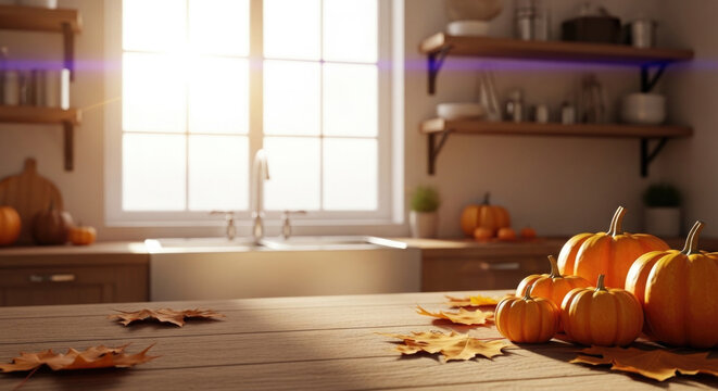 Autumn pumpkins and fallen leaves on a wooden surface with a bright kitchen background