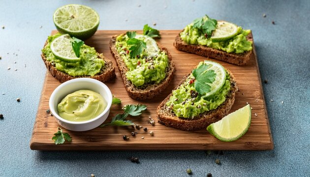 wholemeal bread toasts with fresh avocado spread herbs and lime