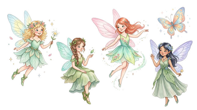 Cute watercolor forest fairies flying in a group