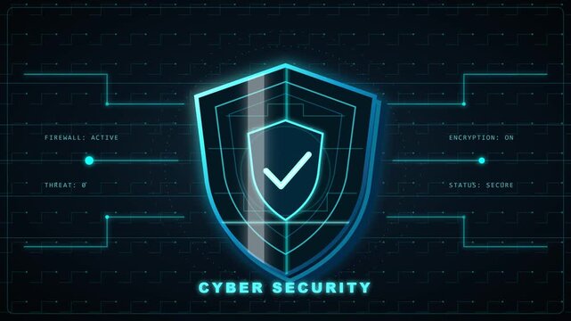 Cybersecurity shield animation displays active firewall and secure encryption status in this glowing blue digital motion technology software interface clip