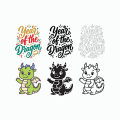 Fototapeta premium Year of the Dragon Typography and Cute Dragon Illustration Collection