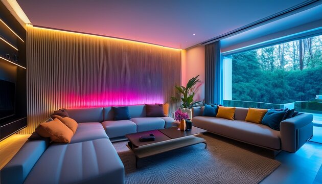 modern luxury living room interior with colorful led ambient lighting smart home mood illumination contemporary minimalist design