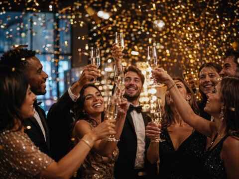 Fr&ouml;hliche Freunde sto&szlig;en an Silvester mit Sekt an, w&auml;hrend goldenes Konfetti durch die Luft wirbelt. Elegante A&ntilde;o-Nuevo-Party mit Glamour, Freude und festlicher Energie.