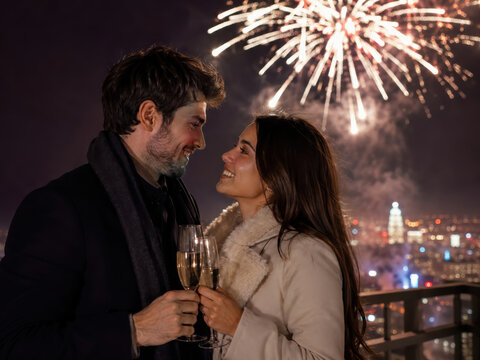 Romantisches Silvesterpaar auf einer Dachterrasse mit Sektgl&auml;sern vor leuchtendem Feuerwerk &uuml;ber der Stadt. Stimmungsvoller A&ntilde;o-Nuevo-Moment voller Liebe, Glanz und Feierlaune.