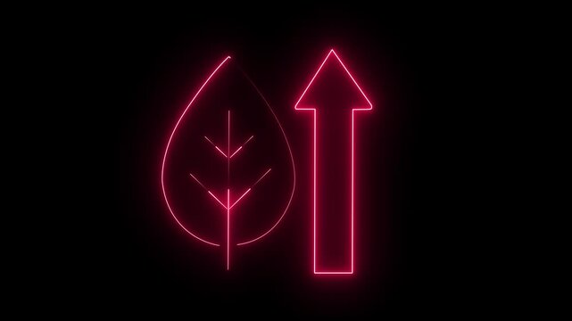 Neon leaf with upward arrow glowing on dark background