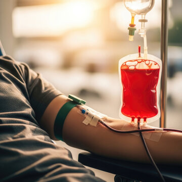 Blood transfusion in progress with iv drip and patient arm in hospital setting