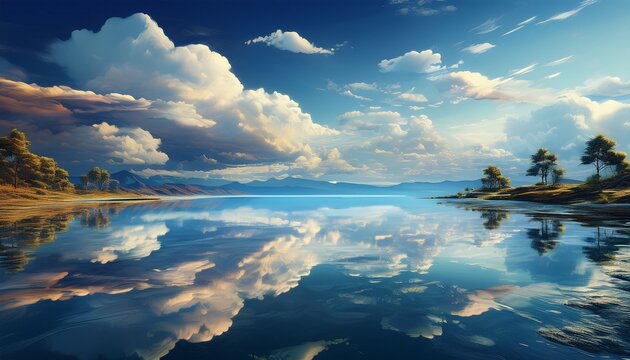 landscape view of mirror like flat water with wide sky reflection for wallpaper