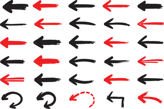 Hand Drawn Red and Black Brush Stroke Arrow Set Grunge Left Directional Arrows, Scribble Pointer Icons, and Curved Return Vectors