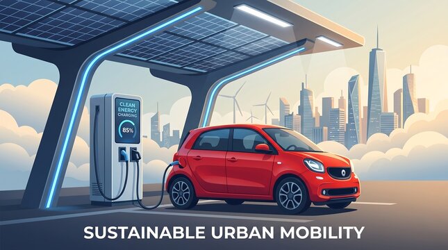 Sustainable urban mobility concept, red electric car charging at solar station, green energy vehicle in city skyline