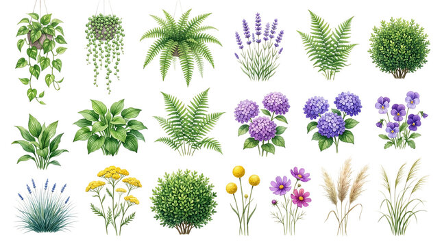 Set of watercolor garden plants and colorful flowers