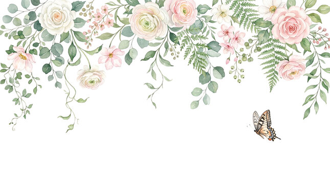 Watercolor pink flower garland with green leaves and butterfly