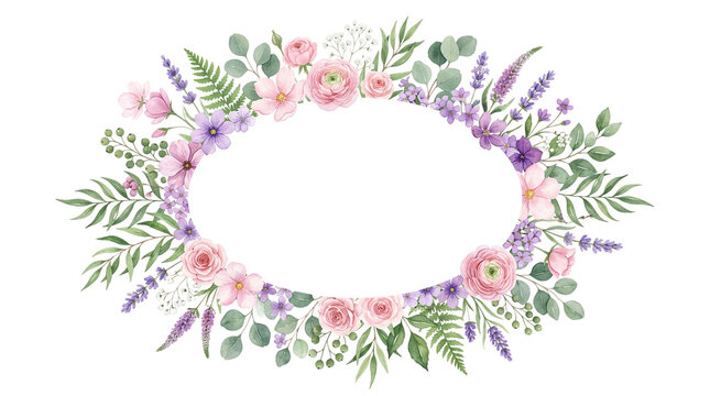 Watercolor floral wreath with pink and purple spring flowers