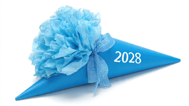 Blue school cone with tissue paper flower and class year 2028 on white background