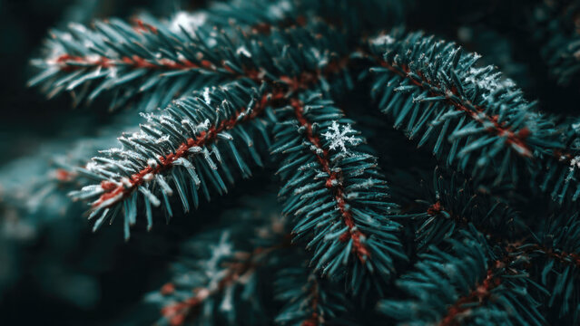 Close up of frosted evergreen branch with delicate snowflakes in winter landscape