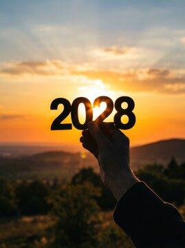 Hand holding 2028 numbers against a vibrant sunset sky with mountain landscape