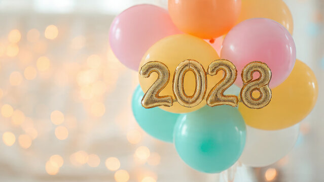 Colorful balloons and golden 2028 new year foil numbers with blurred lights background
