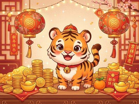 Cute tiger cub with gold coins and lanterns celebrating the Chinese New Year illustration
