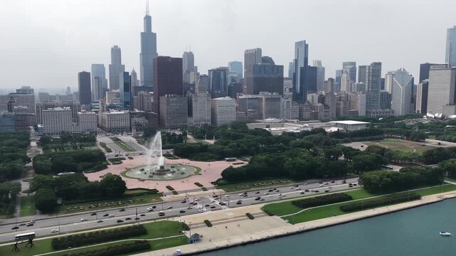 Aerial Drone Footage of Buckingham Fountain and Chicago Skyline, Grant Park on August 10 2026 