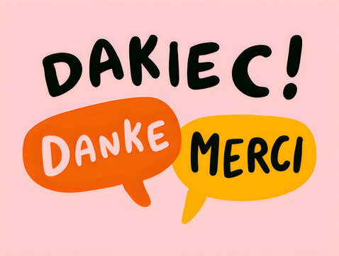 Hand drawn thank you speech bubbles with text in german and french on a pink background