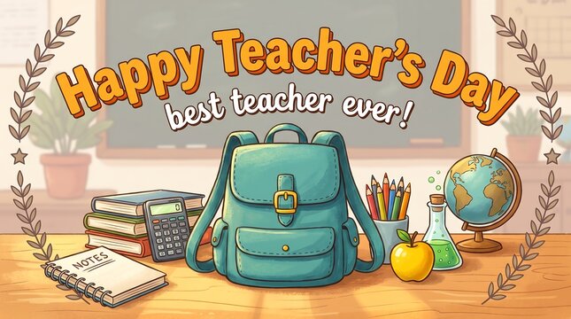 Happy Teacher's Day greeting card, best teacher ever message with school supplies, classroom background with backpack and books