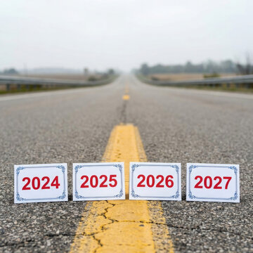 Years 2024 through 2027 displayed on road markings with a blurred highway background