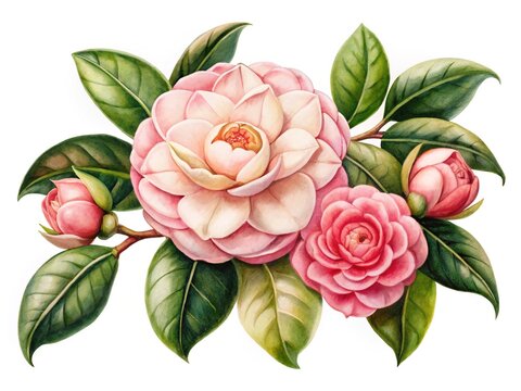 Pink camellia flowers with green leaves - Beautiful pink camellia blooms with lush green leaves in a natural watercolor style.