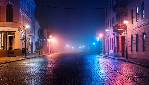 moody urban street at night with colorful neon lights and mist creating an ethereal atmosphere