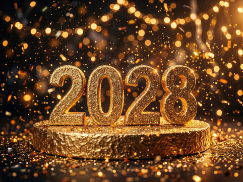 Golden 2028 new year celebration with sparkling confetti and festive golden light